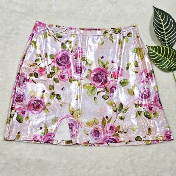 Treasure The Funk ✦ Pink Rose Mini Skirt ✦ Sparkly Bodycon High Waist Metallic M - Picture 3 of 13